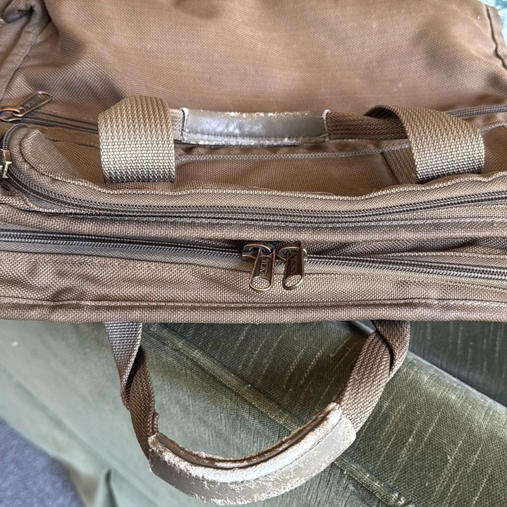 Tumi olive brown nylon leather combo briefcase laptop bag monogram cht used